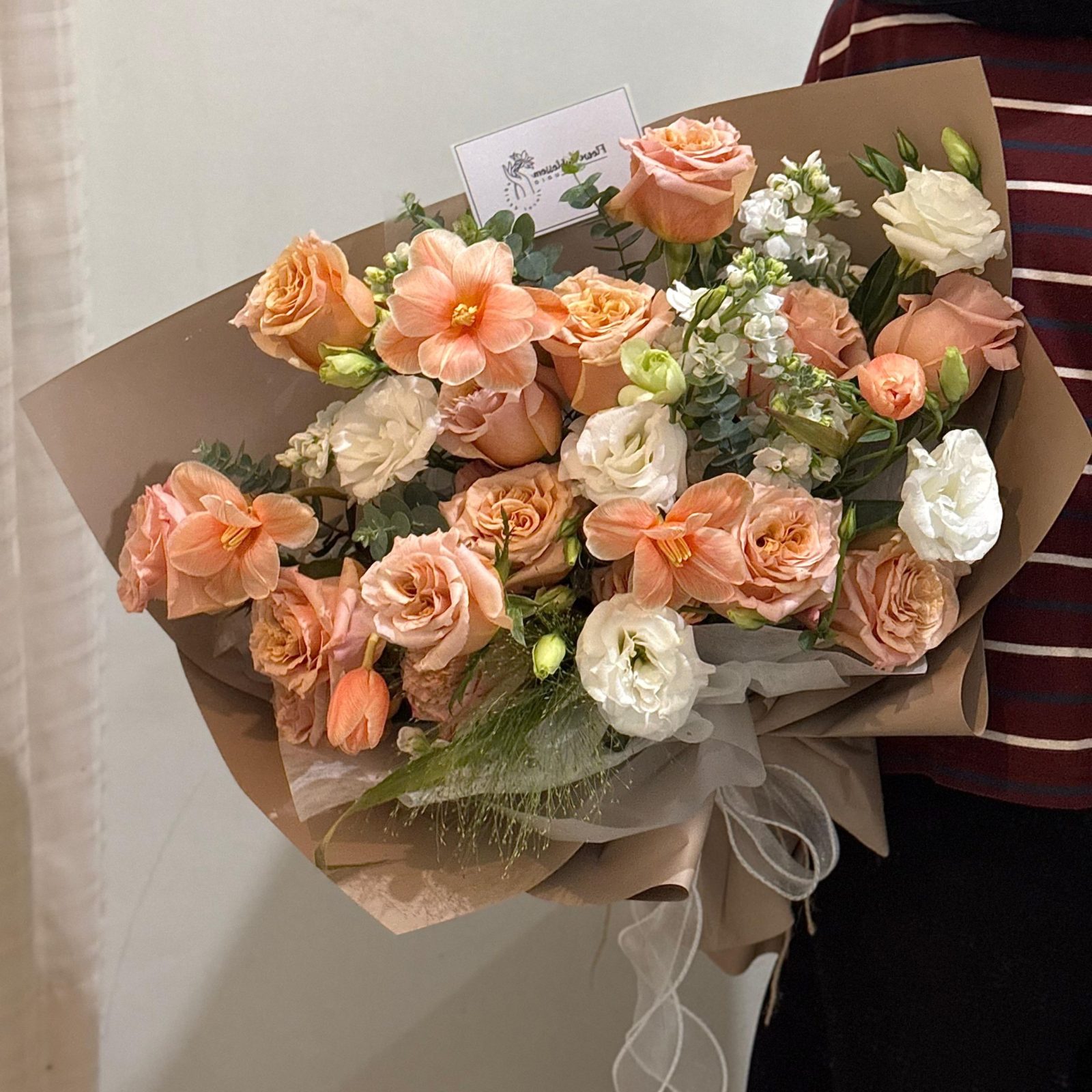 Imported rose Shimmer with Tulip bouquet